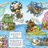 Farverig illustration fra billedbogen "Hvordan vil du finde skatten?" af Thomas Knappe. Billedet viser ni fantasifulde piratskibe – blandt andet et spøgelsesskib, et skib formet som en kat, et flyvende andeskib og et skib på ryggen af en kæmpeskildpadde – der nærmer sig hovedpersonerne i deres eget skib. Skibene har navne som "Forbandede sjæle", "Ballonbrødrene", "Skyraverne", "Pink-poterne", "Søsvinene", "Skjoldborgen" og "Nautilus". Tekstbobler opfordrer læseren til at vælge, hvilket skib de vil rette deres kanon mod.