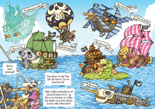 Farverig illustration fra billedbogen "Hvordan vil du finde skatten?" af Thomas Knappe. Billedet viser ni fantasifulde piratskibe – blandt andet et spøgelsesskib, et skib formet som en kat, et flyvende andeskib og et skib på ryggen af en kæmpeskildpadde – der nærmer sig hovedpersonerne i deres eget skib. Skibene har navne som "Forbandede sjæle", "Ballonbrødrene", "Skyraverne", "Pink-poterne", "Søsvinene", "Skjoldborgen" og "Nautilus". Tekstbobler opfordrer læseren til at vælge, hvilket skib de vil rette deres kanon mod.